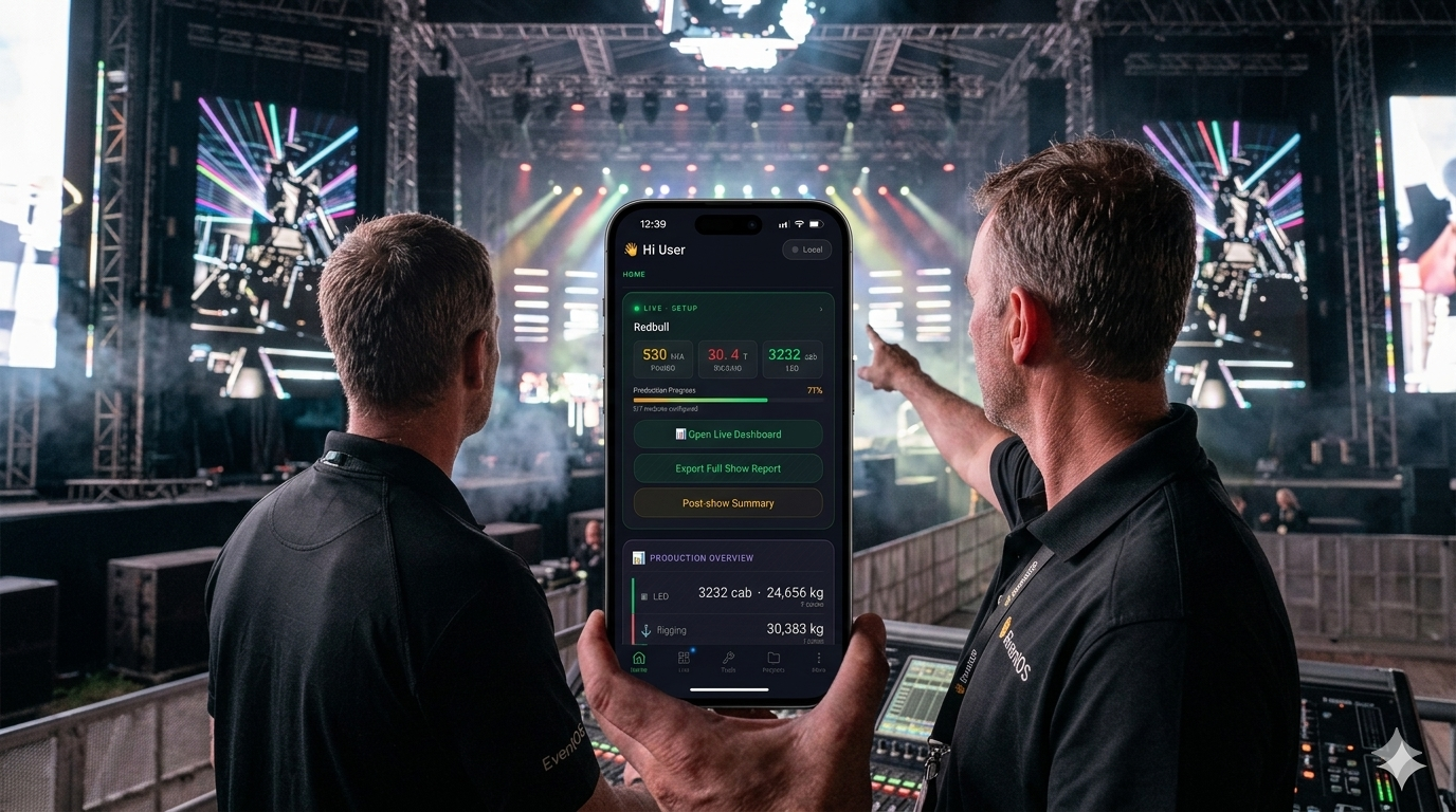 Event production crew using EventOS on stage